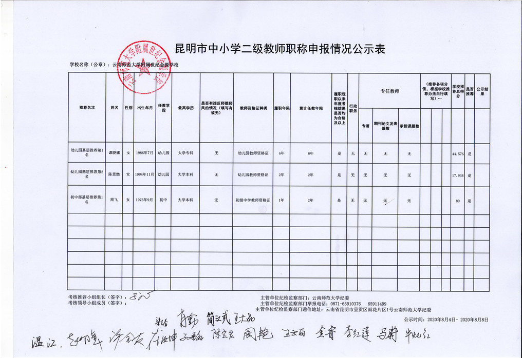 云南师范大学附属世纪金源学校2020年申报职称二级教师职务公示表.jpg